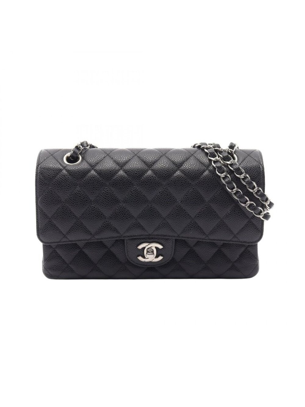 Chanel Shoulder Bag Quilted Double Flap Black Caviar Leather Chain